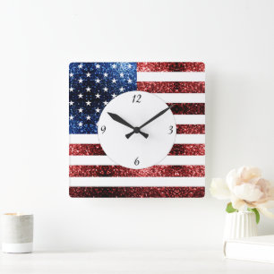 Horloge Carrée États-Unis drapeau rouge bleu étincelles parties s