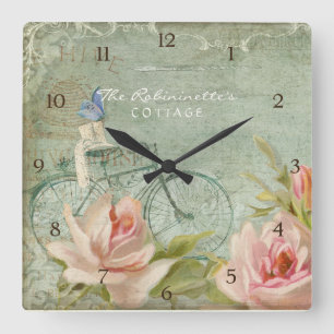 Horloge Carrée Été aux abeilles de papillon de bicyclette de