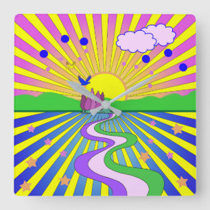 Horloge Carrée Été de l'amour Colorful Psychedelic 60s les années