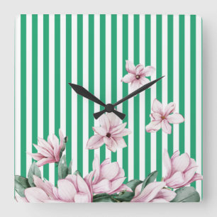 Horloge Carrée Été, printemps, impression de magnolia rayé vert 