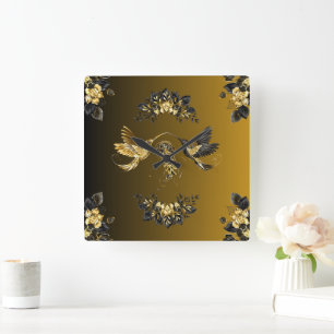 Horloge Carrée Ethereal Union : Black and Gold Graphic Art