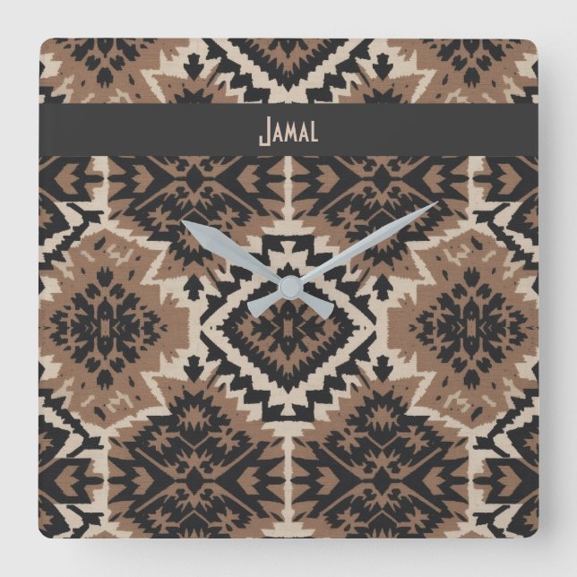 Horloge Carrée Ethnic Tribal Mudcloth Black & Tan (Recto)