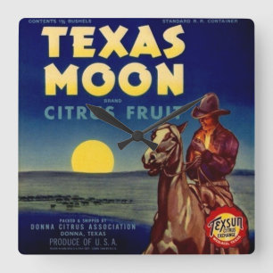 Horloge Carrée Étiquette de caisse d'agrumes de lune du Texas