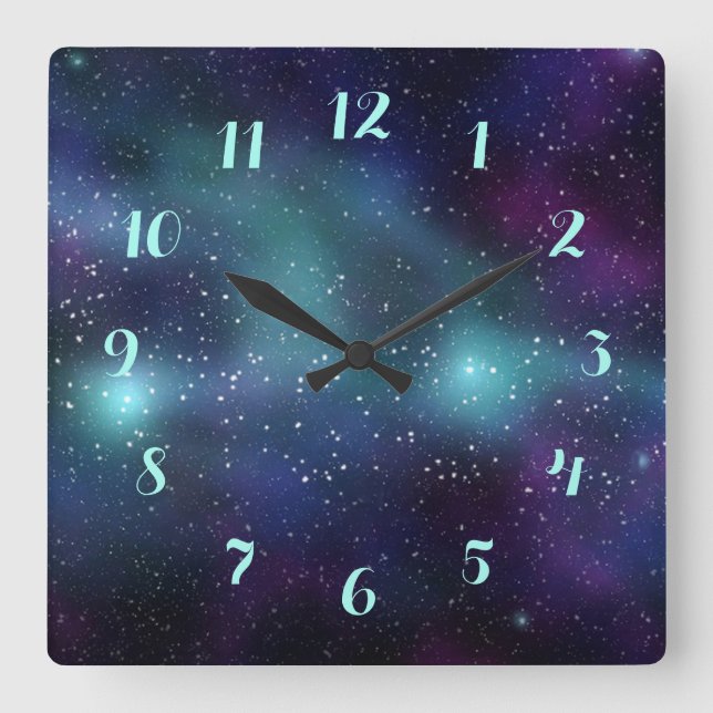Horloge Carrée Étoiles dans l'espace bleu violet vert Nebula (Recto)