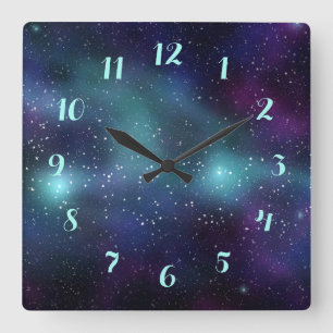 Horloge Carrée Étoiles dans l'espace nébuleuse violette bleue ver