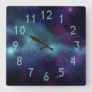 Horloge Carrée Étoiles dans l'espace violet bleu vert points numé