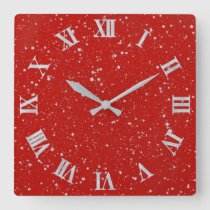 Horloge Carrée Étoiles de parties scintillantes - rouge argenté
