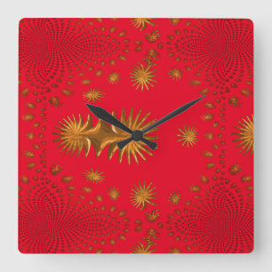 Horloge Carrée étoiles d'or fractal, arrière - plan rouge