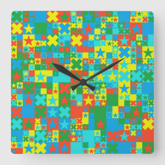 Horloge Carrée Étoiles et croix colorées