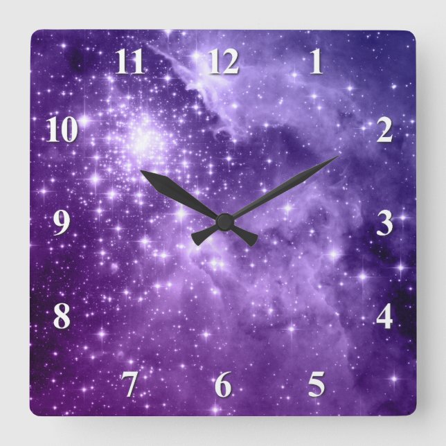 Horloge Carrée Étoiles magiques violettes (Recto)