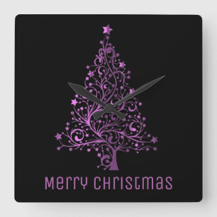 Horloge Carrée Étoiles rose métallique Arbre de Noël Élégant Noir
