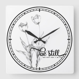 Horloge Carrée Être encore noir et blanc Tulipe de dessin au cray