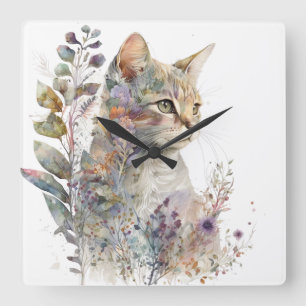 HORLOGE CARRÉE FACE DE CHAT EN COULEUR D'EAU ET JOLIES FLEURS