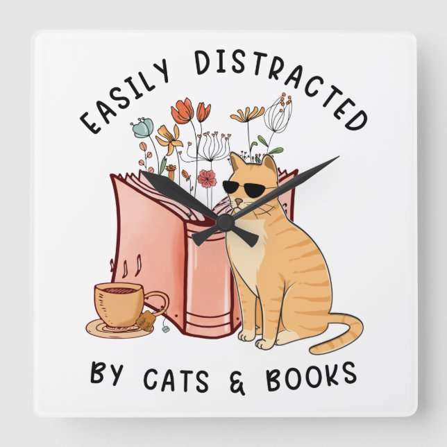 Horloge Carrée Facilement Distrait Par Les Chats Et Livres (Recto)