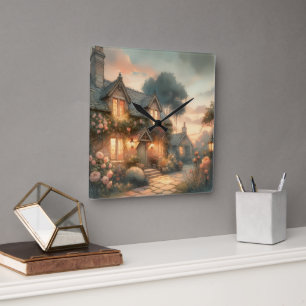 Horloge Carrée Fairytale Cottage au coucher du soleil avec Rose