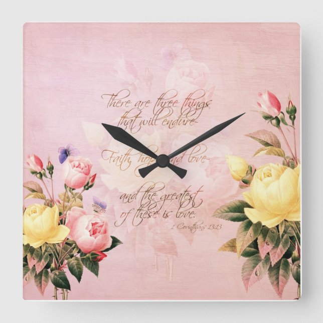 Horloge Carrée Faith Hope et Love Roses (Recto)