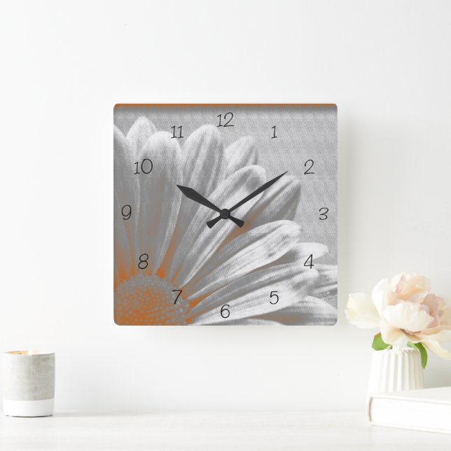 Horloge Carrée Faits saillants floraux gris orange (Maison)