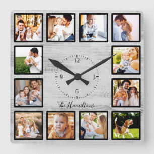 Horloge Carrée Famille 12 Photos Collage Agritourisme Bois rustiq