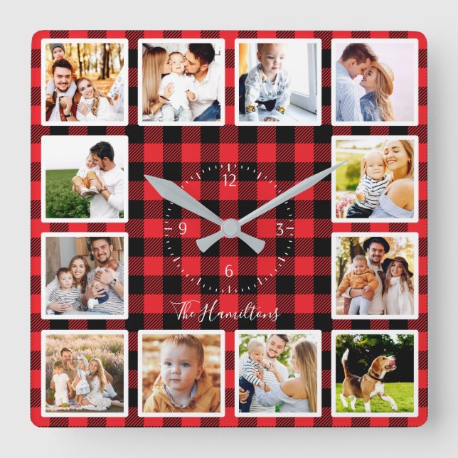 Horloge Carrée Famille 12 Photos Collage Rustique Lumberjack Moti (Recto)