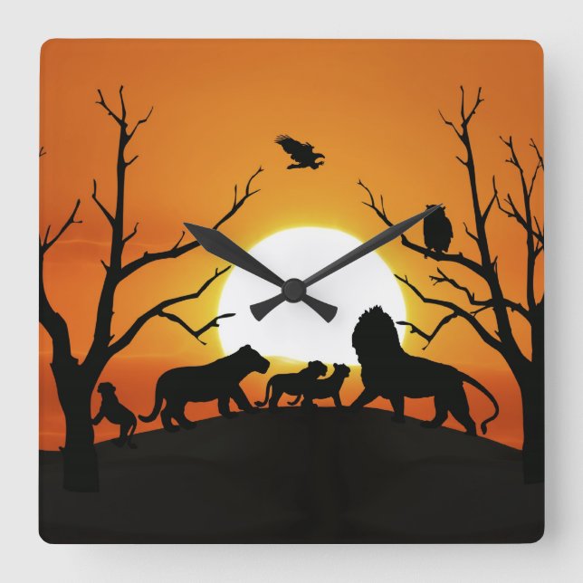 Horloge Carrée Famille de lions au coucher du soleil Afrique (Recto)