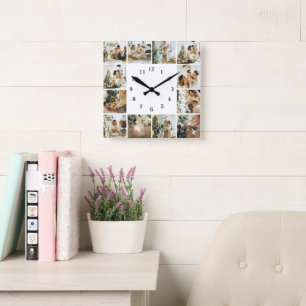 Horloge Carrée Famille élégante 12 Photo Collage White Keepsaké