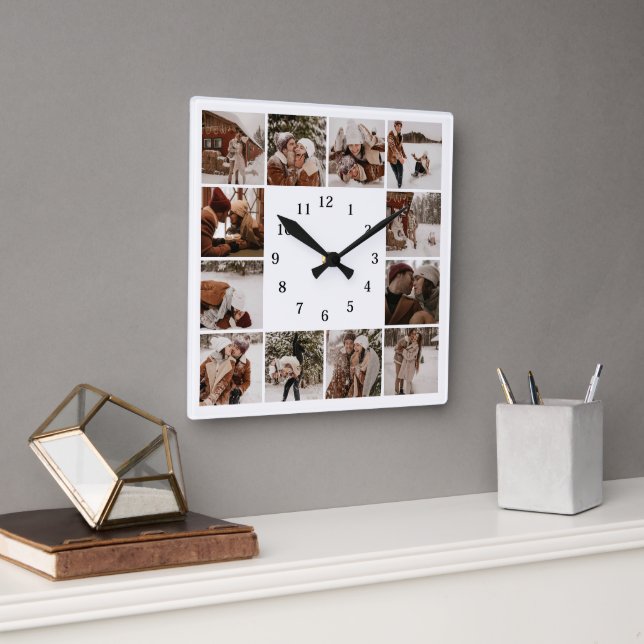 Horloge Carrée Famille Elégante Moderne 12 Photo Collage Keepsaké (Bureau)