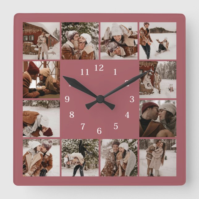 Horloge Carrée Famille Elégante Moderne 12 Photo Collage Keepsaké (Recto)