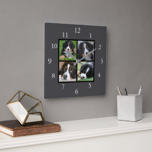 Horloge Carrée Famille gris foncé collage photo personnalisé