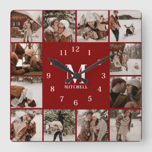 Horloge Carrée Famille moderne 12 Photo Collage   Monogramme