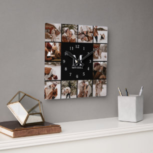 Horloge Carrée Famille moderne 12 Photo Collage Monogramme