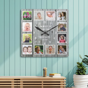 Horloge Carrée Famille Tout 12 Photo Collage Gris Bois
