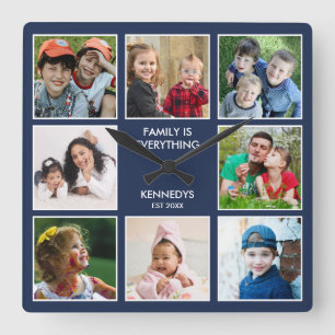 Horloge Carrée Famille Tout 8 Photo Collage Nom Bleu
