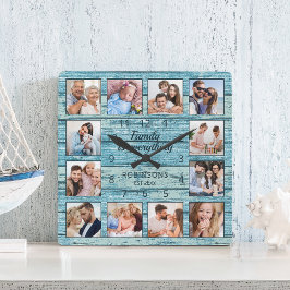 Horloge Carrée Famille Tout Citer Photo Collage Bleu