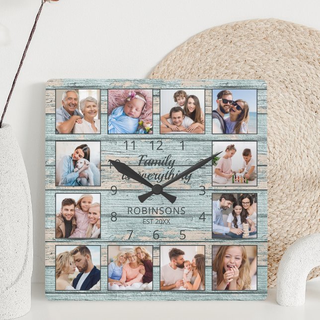 Horloge Carrée Famille Tout Citer Photo Collage Bleu (Créateur téléchargé)