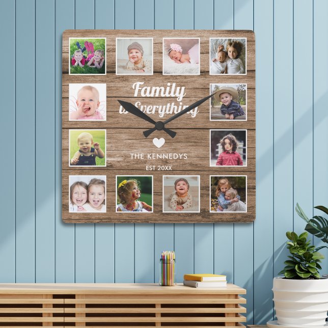 Horloge Carrée Family Is Everything 12 photo Collage Bois rustiqu (Créateur téléchargé)
