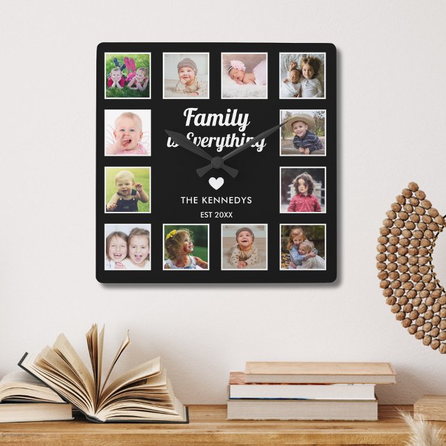Horloge Carrée Family Is Everything 12 photo Collage Modern Black (Créateur téléchargé)