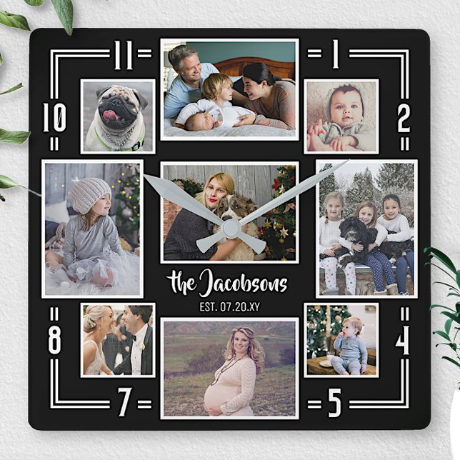 Horloge Carrée Family Photo Collage 9 Pic Black White Stripe (Créateur téléchargé)
