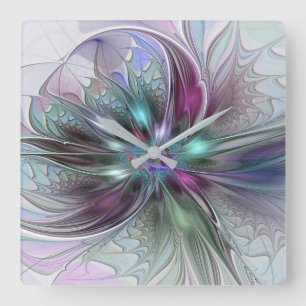 Horloge Carrée Fantaisie Abstraite Moderne Fleur Fractale Colorée