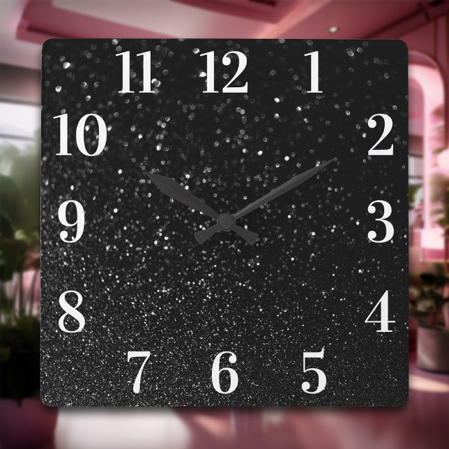 Horloge Carrée Faux Black Parties scintillant Moderne Elégant Bla (Faux Black Glitter Modern Elegant White Numbers Square Wall Clock)