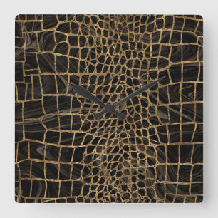Horloge Carrée Faux Crocodile Black Liquid Marble and gold