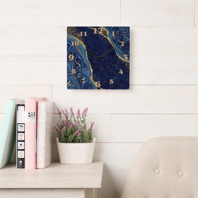 Horloge Carrée Faux Marble Navy Gold Shades  (Salle de lecture)
