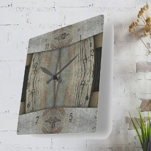 Horloge Carrée Faux Rusted Metal and Barn Wood Wall Clock