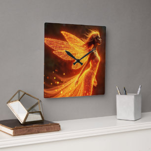 Horloge Carrée Fée fière fille rouge ailes brillantes mignonette