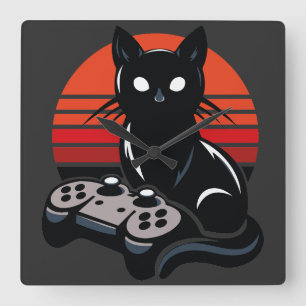 Horloge Carrée Feline Gamer : Les Chroniques du contrôleur Pawsom