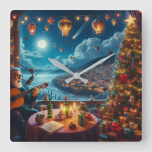Horloge Carrée Feliz Navidad Joueur guitare festive Ville côtière