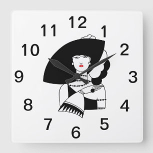 Horloge Carrée Femme Art Déco au grand chapeau gants RL