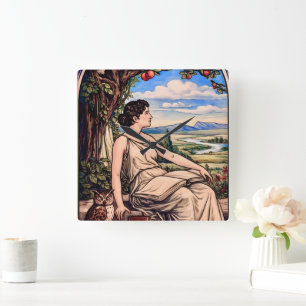 Horloge Carrée Femme Art Nouveau lisant sous un arbre d'époque