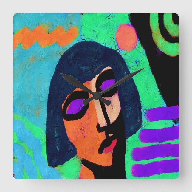 Horloge Carrée Femme avec Bob Haircut Art Abstrait (Recto)