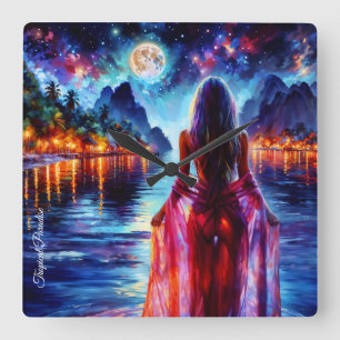 Horloge Carrée Femme de fantaisie tropicale au clair de lune au p
