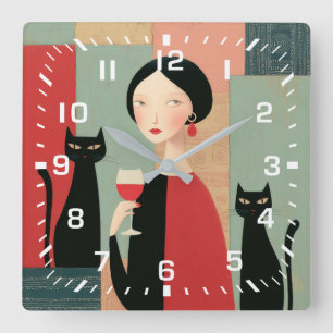 Horloge Carrée Femme Élégante Chats Noirs et Vin
